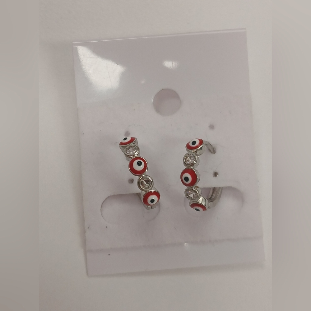 NEW! 18k White Gold Filled Mini Huggie Hoop Earrings with Red Evil Eyes Goldoro